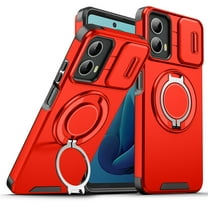 360° Rotatable   100° Fold Ring Stand Slim Fit Case for Motorola Moto G Play 4G 2024, with Sliding Camera Cover Shockproof Protection Matte Hybrid Phone Cover, Support Magnetic Car Mount, Red
