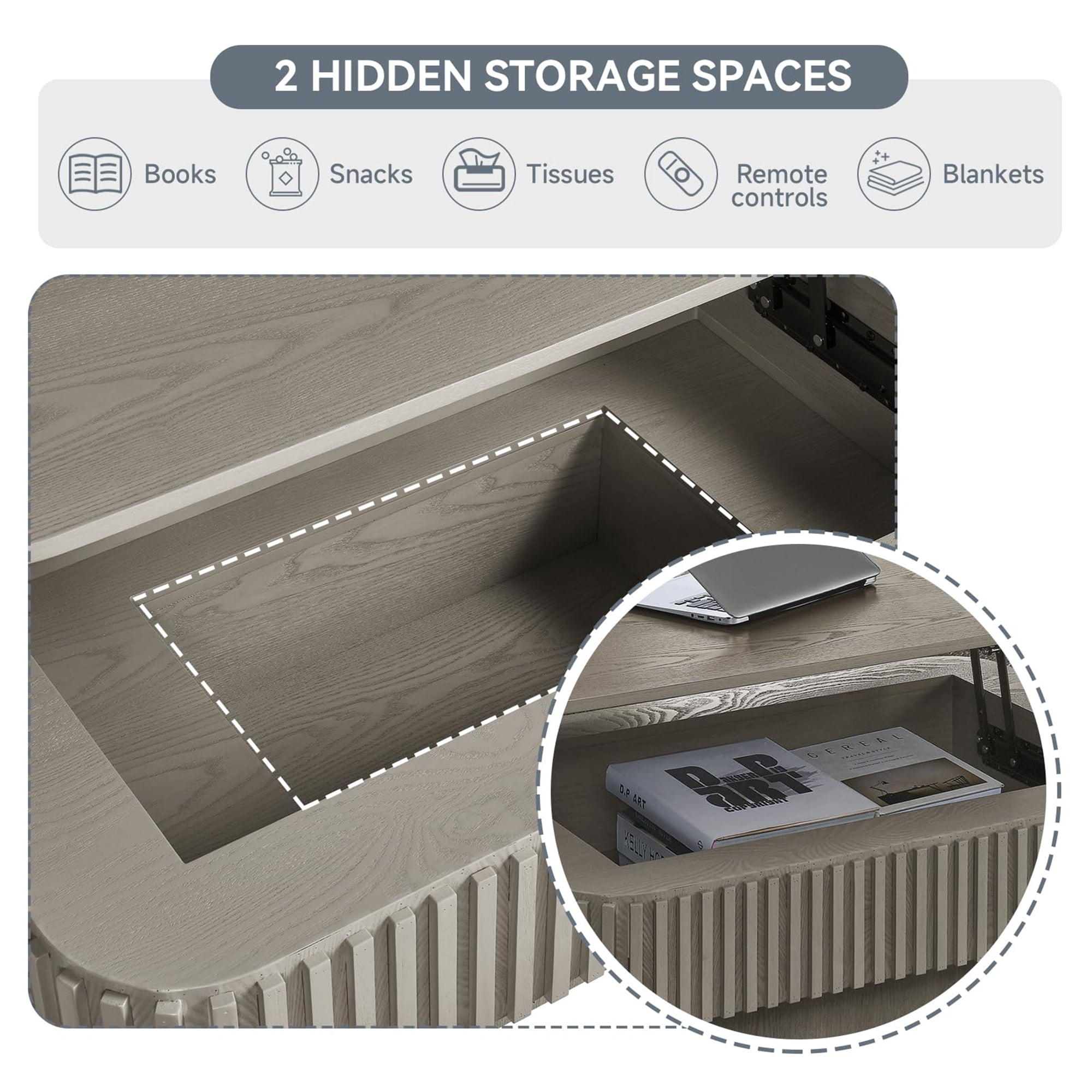BFJDM 38.6" Gray Lift Top Coffee Table, Fluted Hidden Storage Modern Coffee Table for Living Room