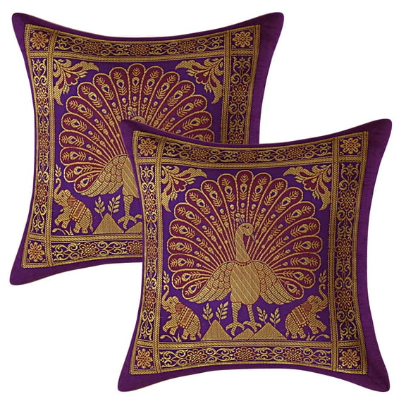 Stylo Culture Ethnic Couch Brocade Purple And Gold Throw Pillow Covers 12x12 Jacquard Weave Banarsi Sofa Outdoor Throw Pillow Covers Dancing Peacock 30x30 cm Decorative Cushion Covers (Set Of 2)