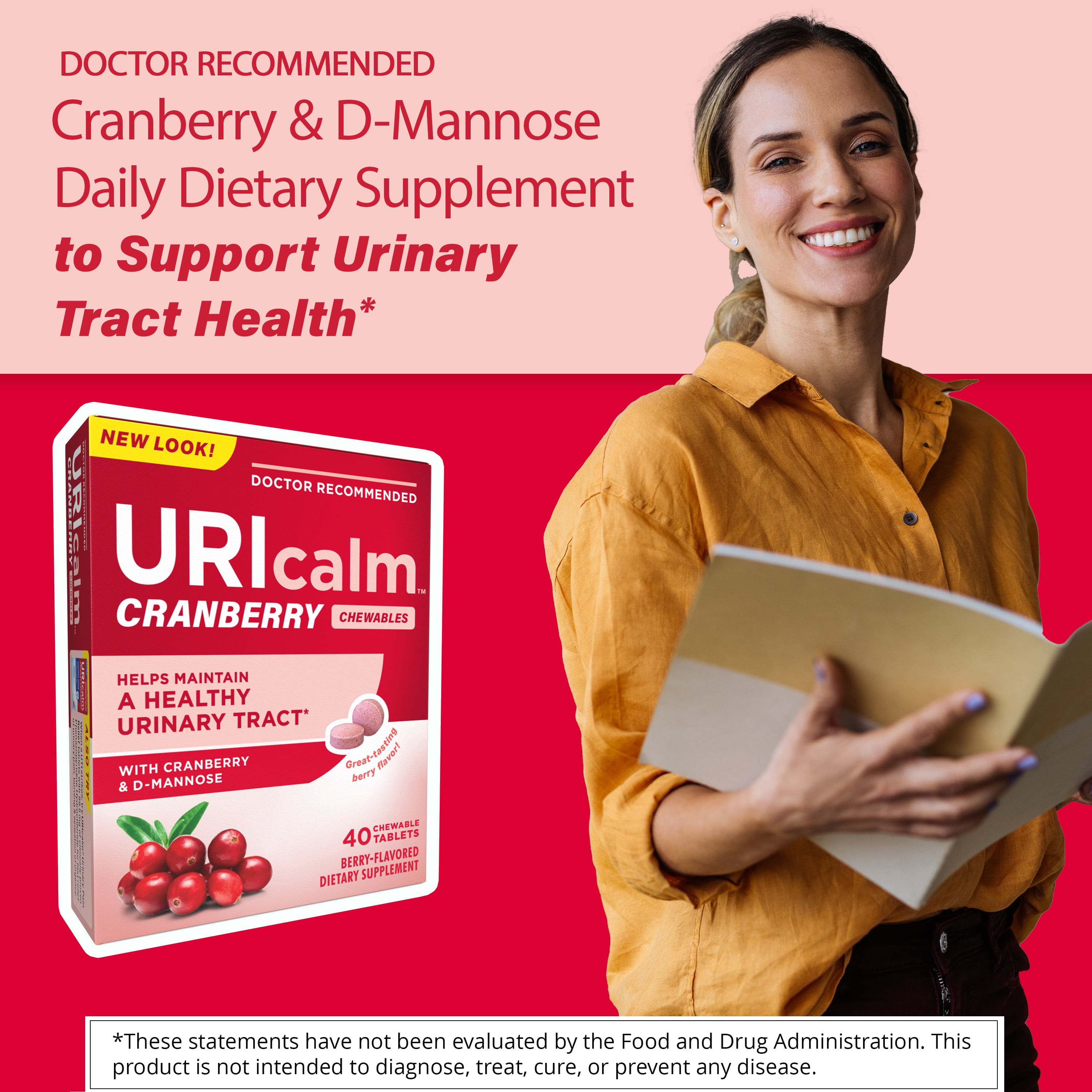 URIcalm Cranberry Urinary Tract Health Supplement, Chewable, Women's Health, Berry Flavor, 40 Count