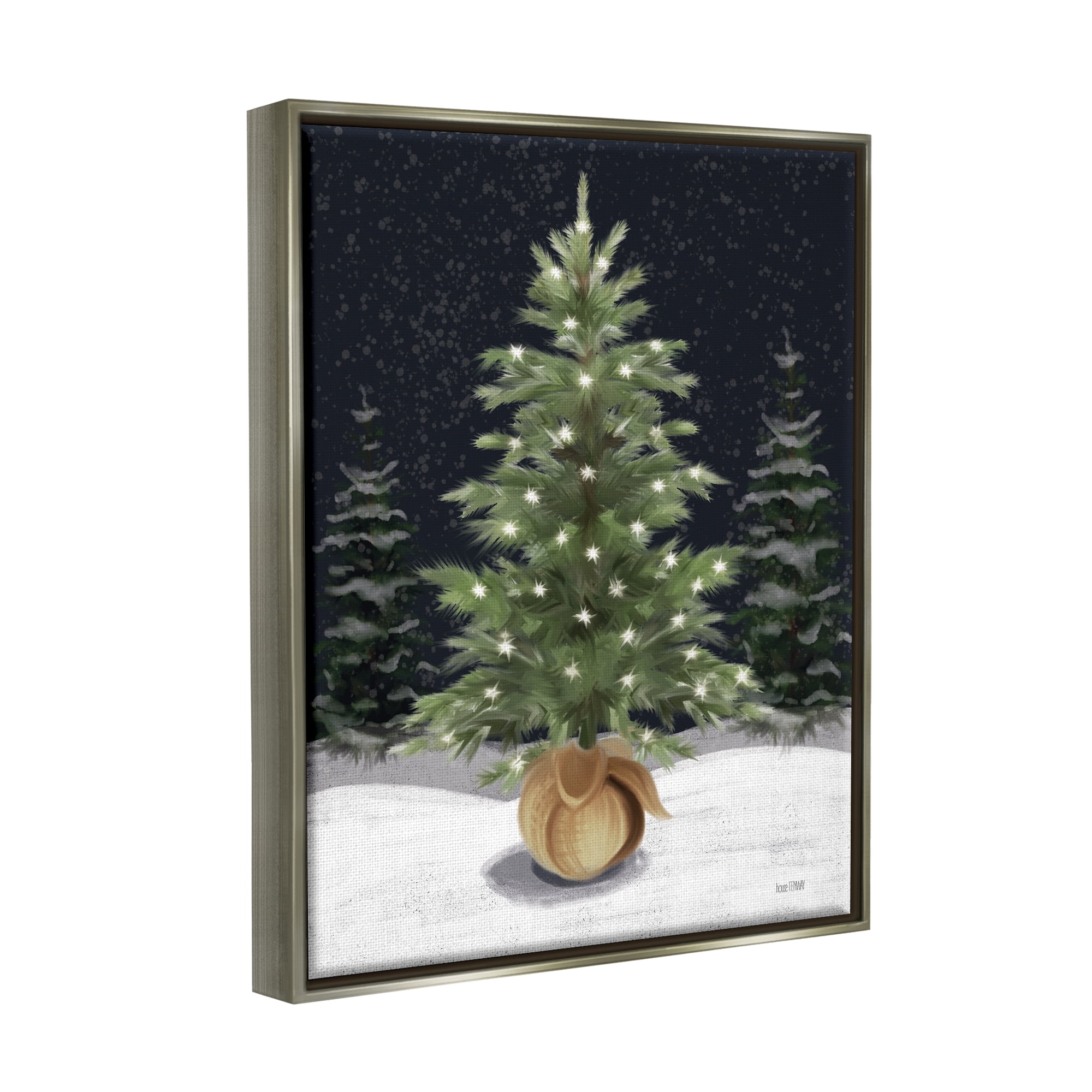 Stupell Industries Christmas Tree Snow Scene Holiday Painting Gray Floater Framed Canvas Art Print Wall Art, 25 x 31