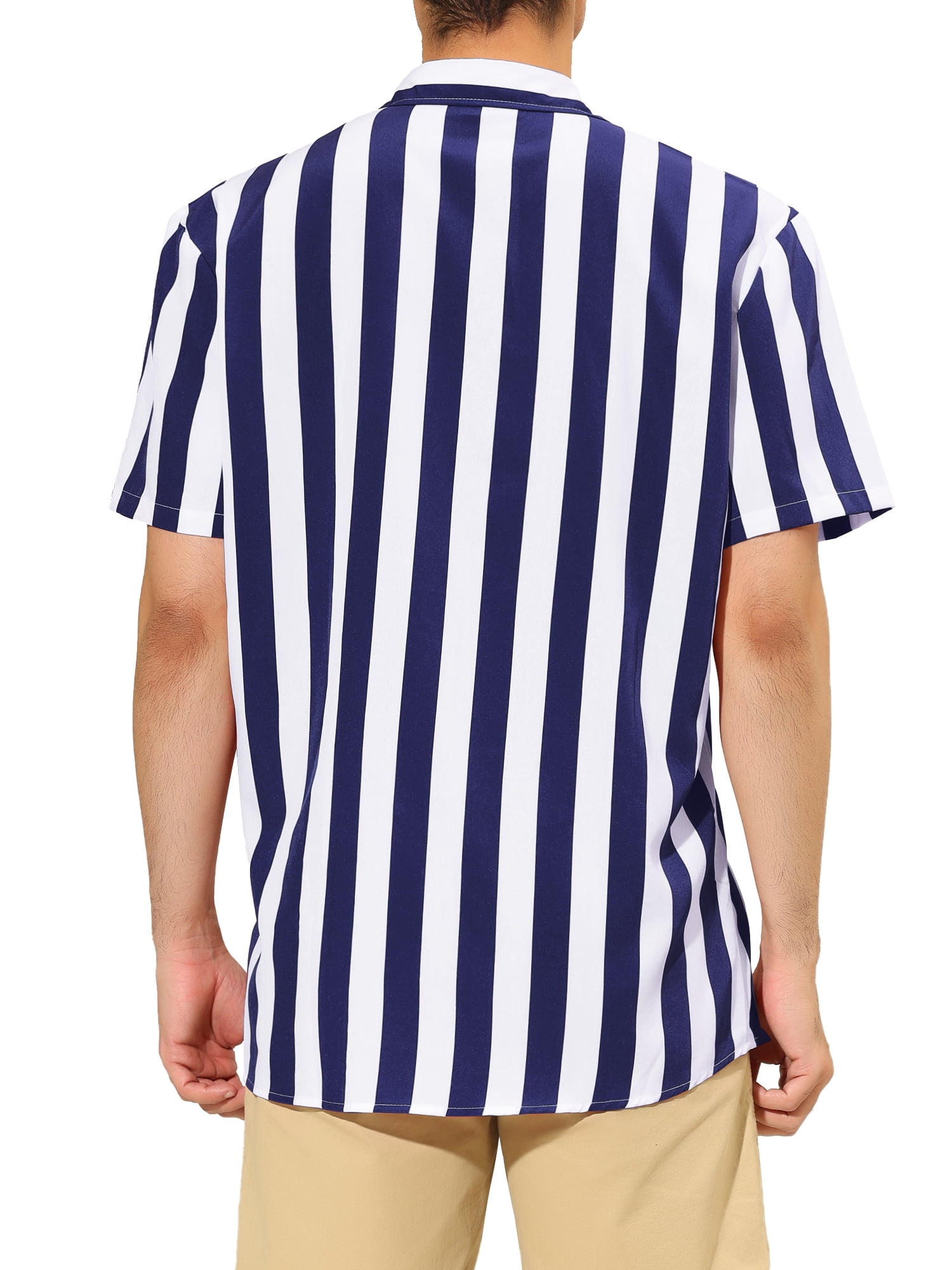 Unique Bargains Men's Short Sleeved Color Block Button Down Beach Stripe Shirt XL Navy Blue