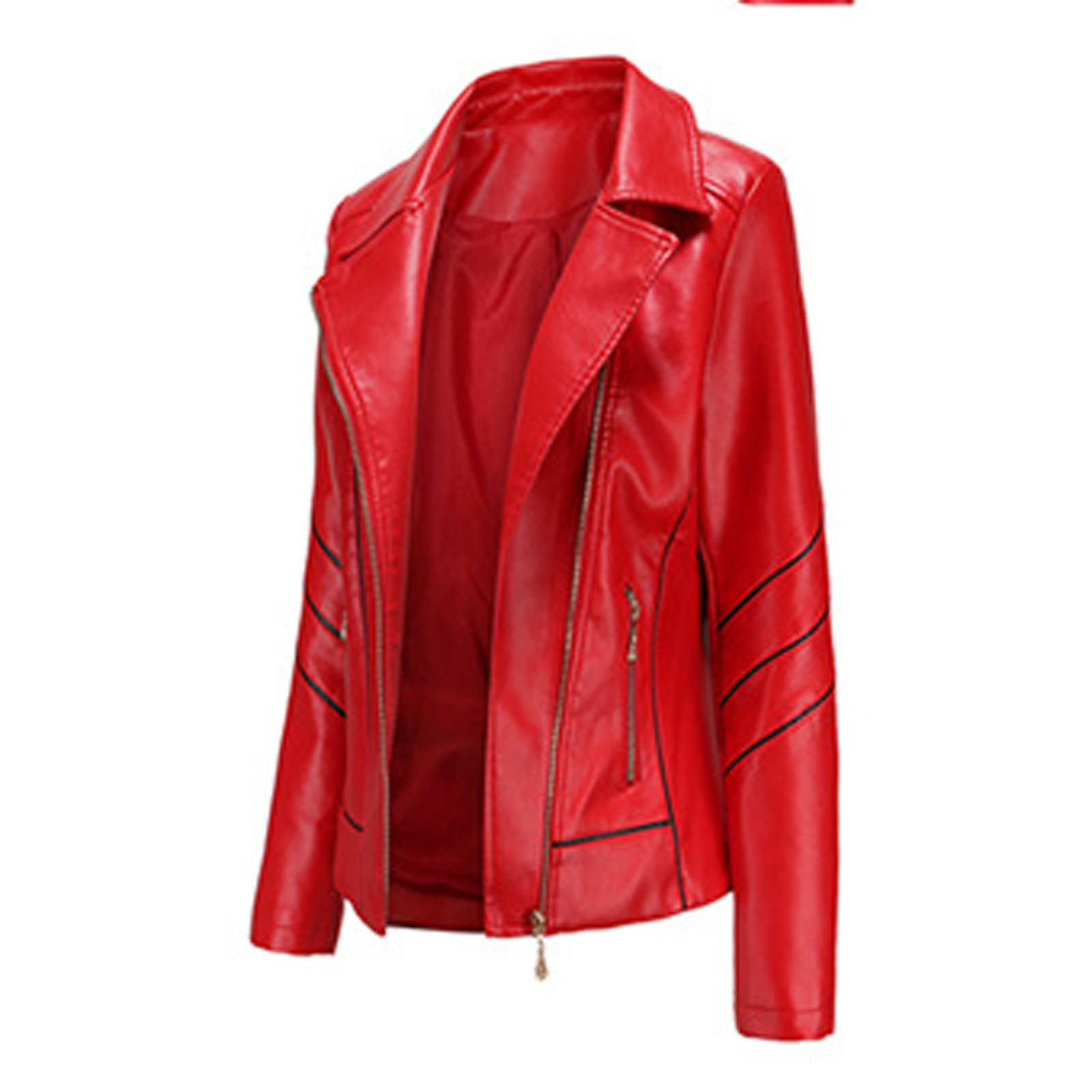 Juebong Womens Lapel Leather Jacket Coat Warm Moto Biker Jacket Outwear Slim Leather Solid Stand Collar Zip Motorcycle Suit Coat Jacket with Pockets, Red, XL - image 4 of 6