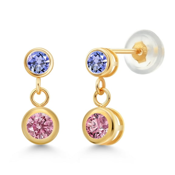 Gem Stone King 14k Yellow Gold Pink Lab Grown Diamond and Blue Tanzanite Two Stone Dangle Earrings for Women (0.80 Cttw, Gemstone April Birthstone, Round 4MM, Round 3MM)
