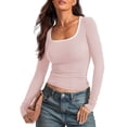 thumbnail image 3 of Women'S Long Sleeve Basic Tops Square Neck Ribbed Knit Color Block Shirts Fitted Pink XXL, 3 of 9