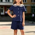 thumbnail image 2 of Odeerbi Chicos Niñas 2 Piezas Preppy Traje Color Bloque Marinero Cuello Camisa y Pantalones Cortos Uniforme Escolar Conjunto, 2 of 9
