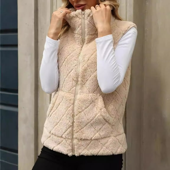 DYTTDG Women's Outdoor Warm Plush Vest Fall and Winter Solid Color Standing Collar Sleeveless Zipper Jacket with Pockets Great Gifts for Less