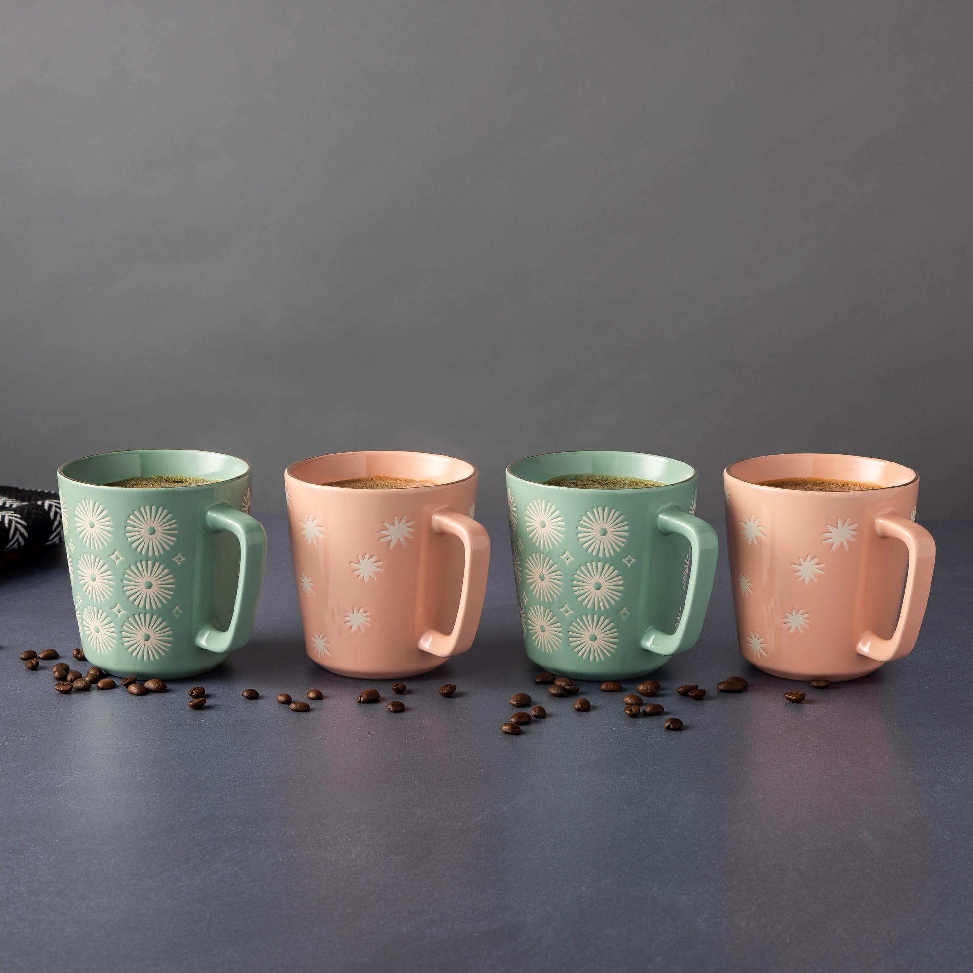 Thyme & Table 4 Pack Green SunBurts and Pink Toss Stars Mugs with Gold Rims 19.9 fl oz, Stoneware