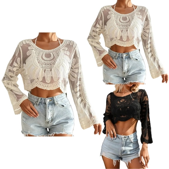 CAIXIA Crochet Crop Tops for Women Y2k Hollow Out Crochet Shrug Sweater Long Sleeve Going Out See Through Top Shoulder Cover