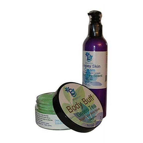 Diva Stuff Pair, Crepey Skin Body and Face Cream & Exfoliating Sugar Scrub, Green Tea Scent
