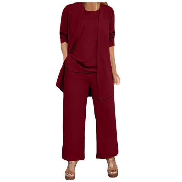 HBFAGFB Pantsuit for Women Fashion Casual Long Tops Wide Leg Pants with Pockets Daily Wear Red Size M