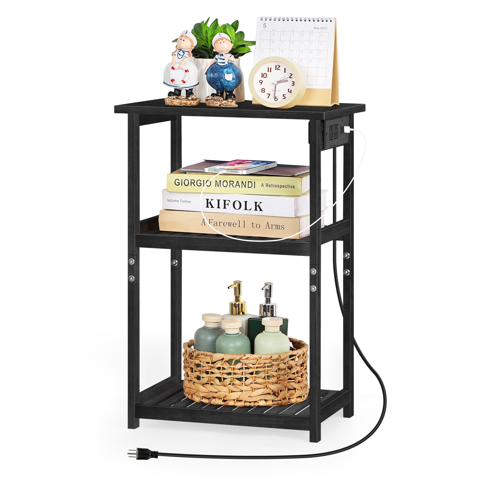 Black Bamboo Nightstand with Charging Station, 3鈥慣ier Open Shelf End Table for Bedroom Living Room