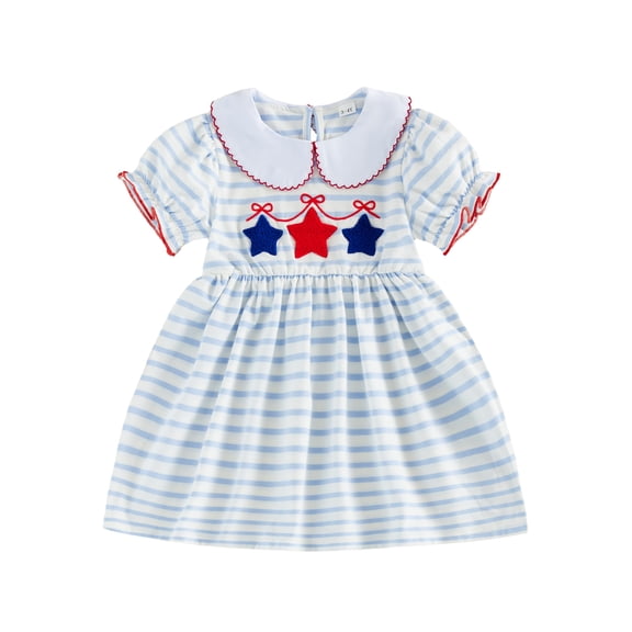 BemeyourBBs Kids Toddler Baby Girl 4th of July Dress Independence Day Outfit Patriotic Baby Girl Summer Clothes Short Sleeve Doll Collar Star Embroidery Casual Dress