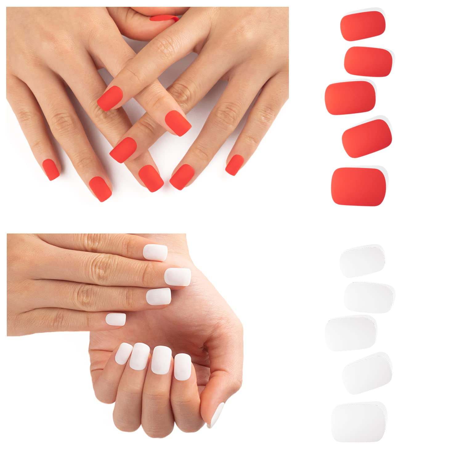 Press On Nail Kit - Square Shape Short Length, Matte Solid Colors(2pcs),  Polish-Free Acrylic False Nail Tips Starter Kit - With 48 Fake Nails,  Manicure Essentials,Red White 