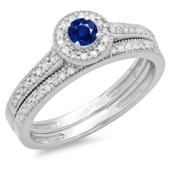 Dazzlingrock Collection 14K Round Blue Sapphire & White Diamond Halo Bridal Engagement Ring Set, White Gold, Size 8.5