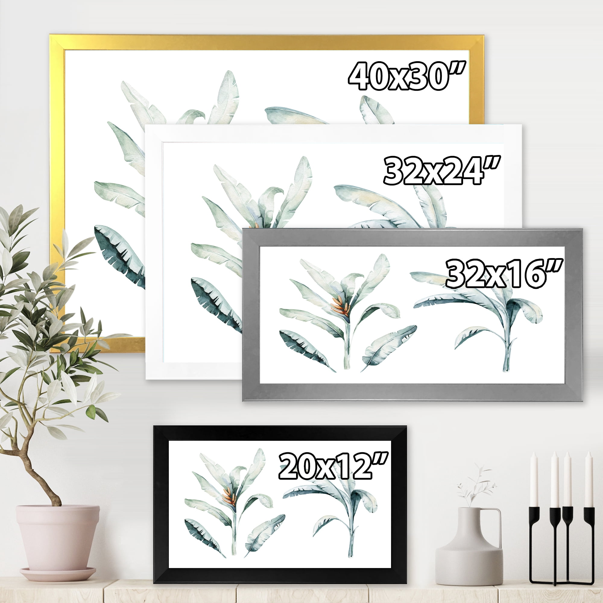 Designart 'Tropical Jungle Leaves On White' Bohemian & Eclectic Framed Art Print
