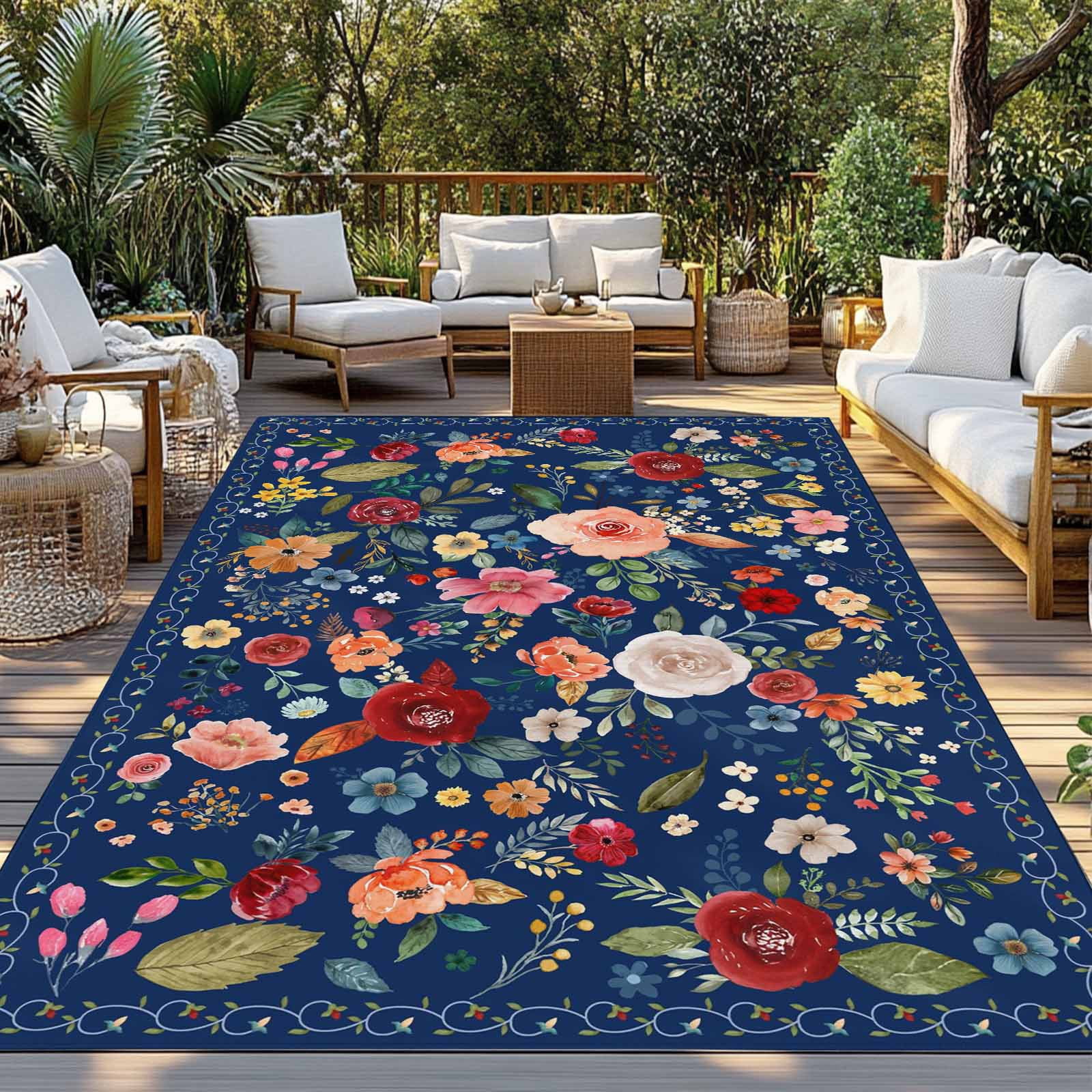 Navy Blue Flowers Outdoor Rug for Patio/Deck/Porch, Non-Slip Large Area Rug 4 x 6 Ft, Spring Vintage Floral Leaves Farmhouse Indoor Outdoor Rugs Washable Area Rugs, Camping Rug Carpet Runner