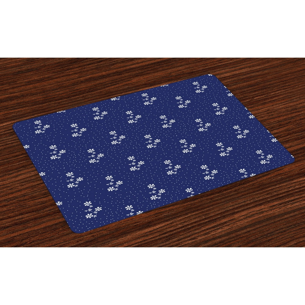 Navy Blue Placemats Set of 4 Floral Pattern Design Cute Little Dots and