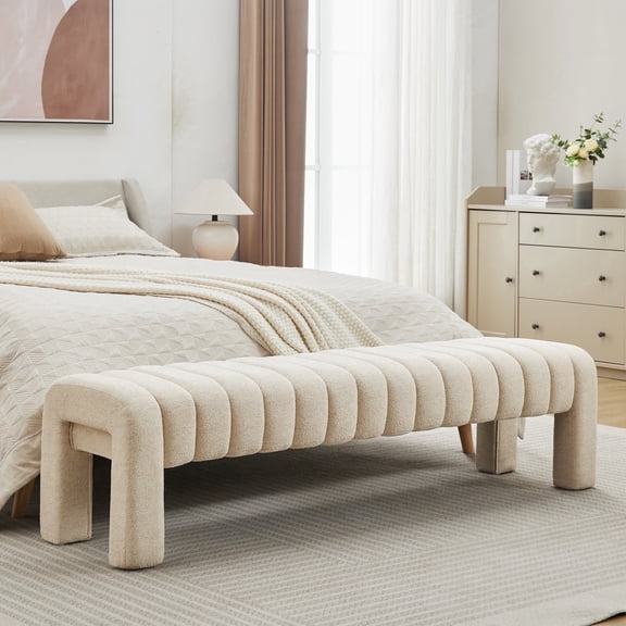 Zesthouse 63″ End of Bed Bench, Linen Tufted Upholstered Ottoman Bench with Padded Seat and Solid Wood Leg, Modern Entryway Bench for Bedroom, Living Room, Beige