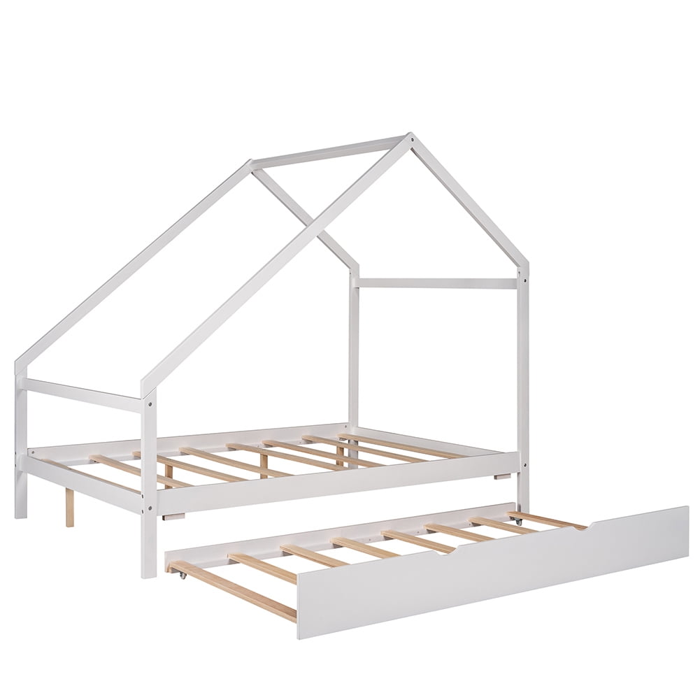 Kepooman Full-Size Wooden House Bed Frame for Kids With Twin Size Trundle, White Kepooman Full-Size Wooden House Bed Frame for Kids With Twin Size Trundle, White
