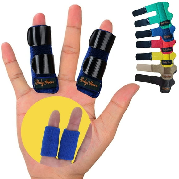 BodyMoves 2 Finger Splints plus 2 sleeves for Trigger Mallet Broken Finger brace joint support for men and women- ideal for seniors (4 pc set, Aqua Blue)