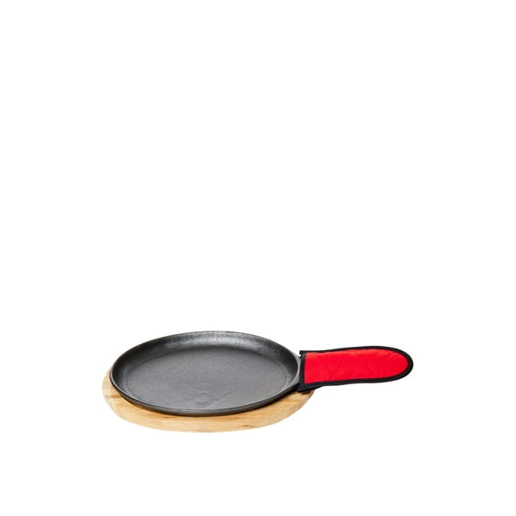 Old Mountain Pre-Seasoned Cast Iron Mid Size Fajita Plate Set with Wood Base and Cotton Mitt