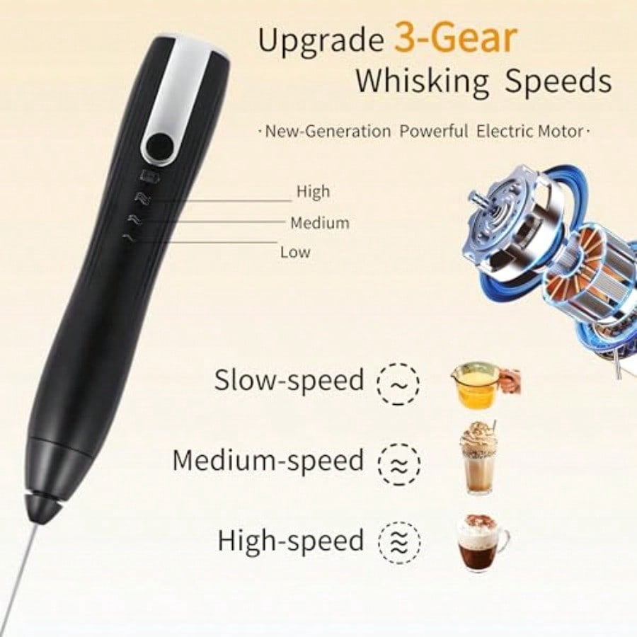 Rechargeable Milk Frother HandheldKitchen Essentials Hand Mixer with 3 Stainless Whisks Heads Electric Whisk Frother for Latte Cappuccino Matcha Egg Milk Powder with Stand black