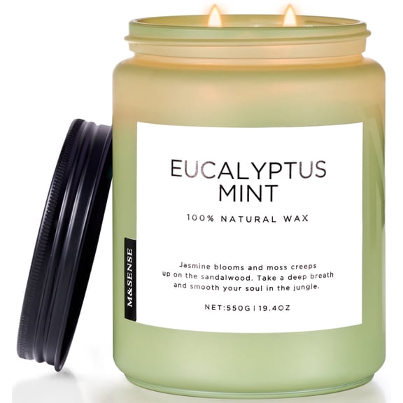 M&SENSE Eucalyptus Mint Scented Candle, 19.4oz Natural Soy Jar Candles for Home, Large 2 Wick, Up to 110 Hours Burn time, Natural Organic Fragrance