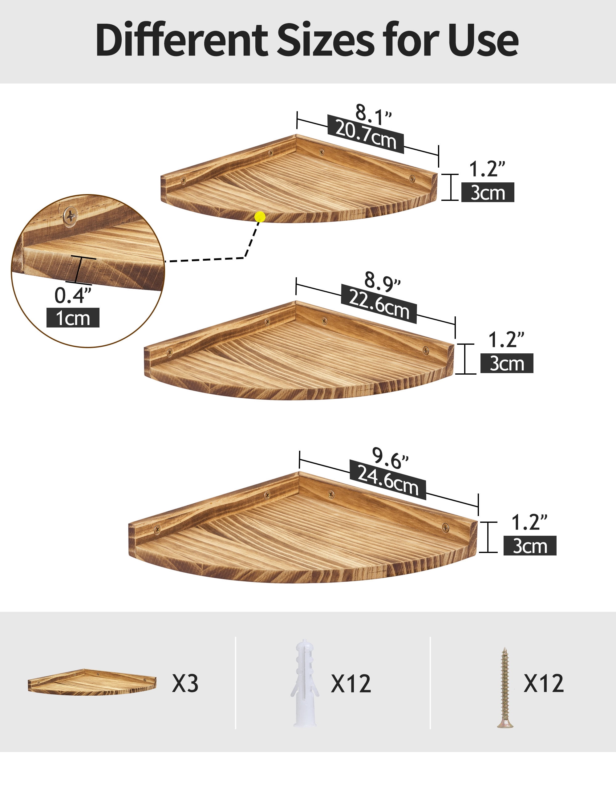 Afuly Floating Corner Shelves for Wall, Rustic Solid Brown Wood Wall Mounted Corner Shelf, 3 Set
