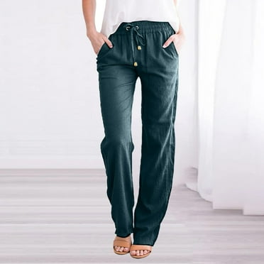 FAVIPT Womens Linen Pants Straight Leg Summer Casual Drawstring Elastic High Waist Loose Comfy Trousers with Pockets 2025