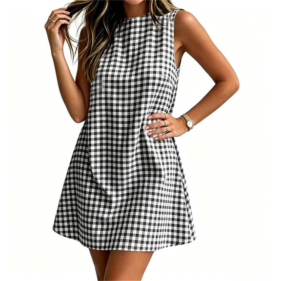 ClodeEU Women's Plaid Crewneck Sleeveless Dress with Back Zipper ,Casual Summer Midi Dress Black,Women's Plus L