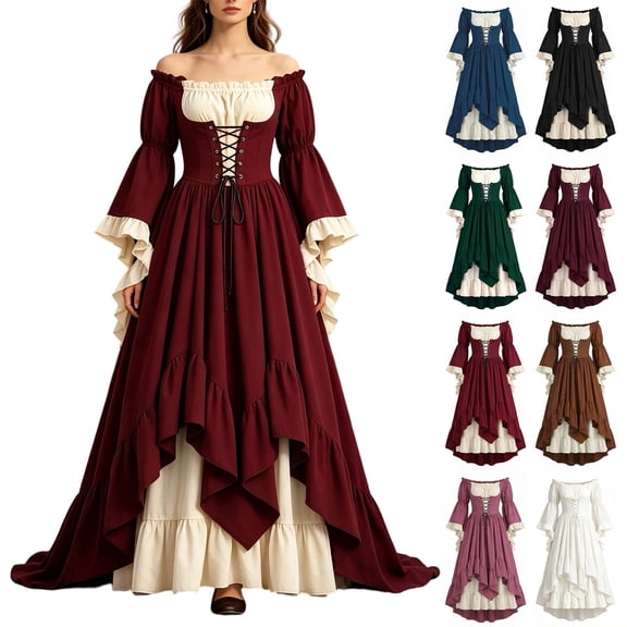 Smsaxvxz Halloween Costumes for Women Fashion Renaissance Dresses Women Off Shoulder Bell Sleeve Peasant Pirate Dress Wine 3XL
