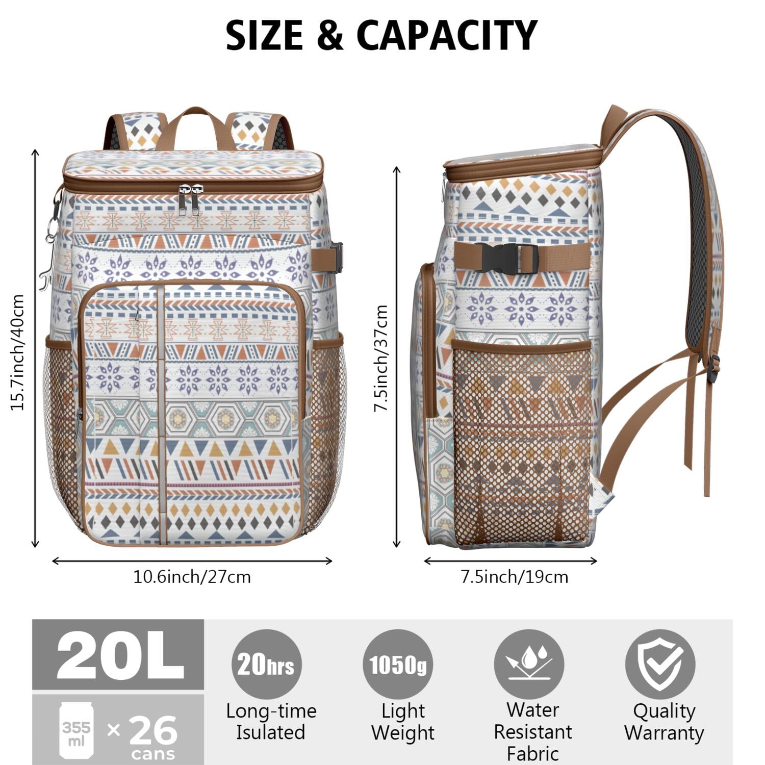 Travel Cooler Bag - Boho Bohemia Pioneer Flower Geometric Line Art Camping Beer Cooler Backpack with Bottle Opener- Waterproof Insulated Picnic Backpacks - Cooler Bag for Beach