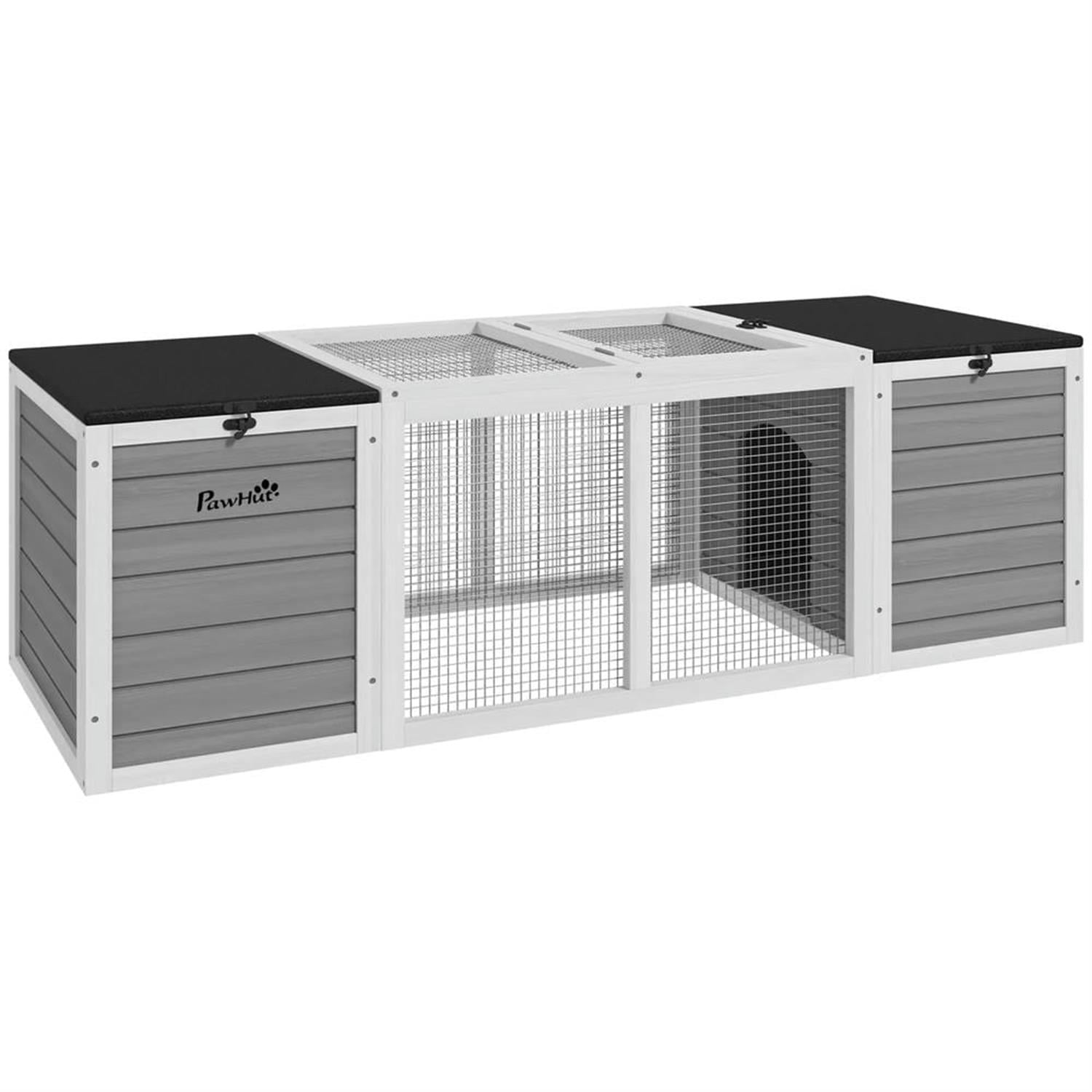 Kadyn 55" Wooden Rabbit Hutch with Openable Asphalt Roofs, Outdoor Small Animal Habitat Enclosure Bunny Cage for Bunnies, Guinea Pigs, Gray