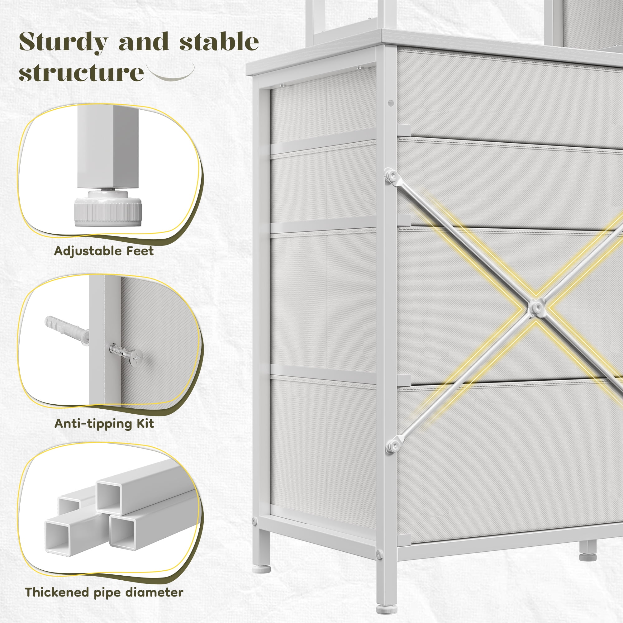 EnHomee Fabric Dresser for Bedroom with LED Lights Vanity Dressing Table with 12 Drawers & Open Shelves，White