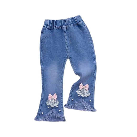 Kids Girls Jeans Elastic Waist Flare Leg Pants with Bow & Lace Detail, Soft Blue Denim for Kids to Kids,Size 5-6 T