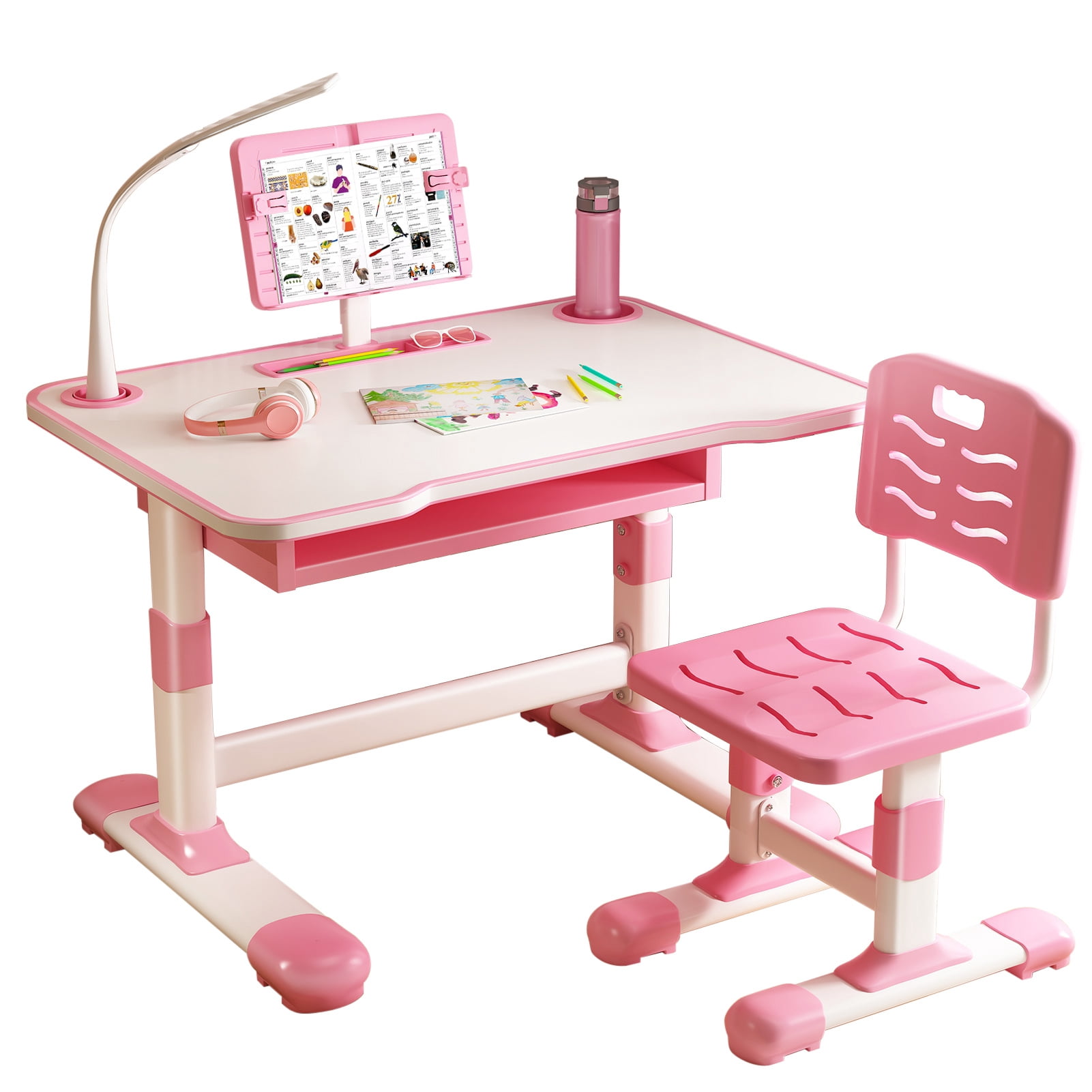 AOJA Kids' Desk and Chair Set, Height Adjustable Learning Table Set with Tiltable Reading Stand and LED Light,  Kids' Desk Chairs with Extra Large Drawer for Living Room, Bedroom (Pink)
