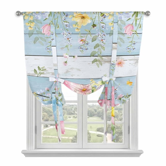 Easter Eggs Balloon Curtains for Windows, Bedroom Curtains 54 Inch Length, Spring Daisy Eucalyptus Leaves Light Blue Wood Tie Up Curtains Panels Thermal Insulated Bathroom Curtains Window 42"x54"