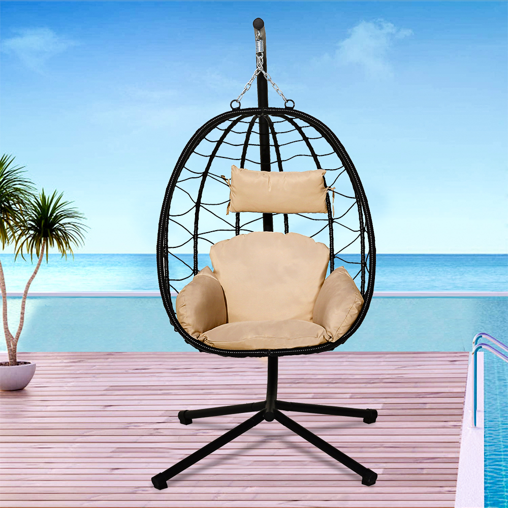 Patio Outdoor Egg Chair, Black Wicker Hanging Egg Chair with Beige Cushion, Hanging Egg Chair with Stand, Swinging Egg Chair for Indoor Bedroom Garden Balcony, Patio Furniture Lounge Chair Set, W8043 - image 2 of 8