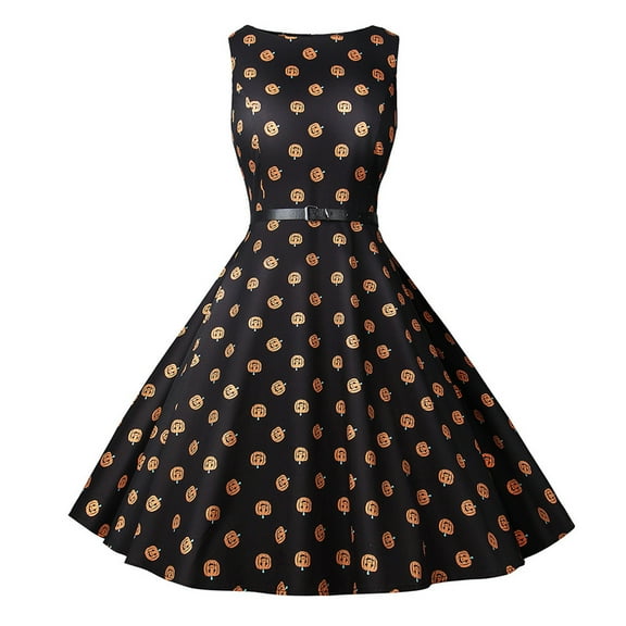 Fesfesfes Women's Spring Sleeveless O Neck Halloween Pumpkin Vintage Print Swing Dress