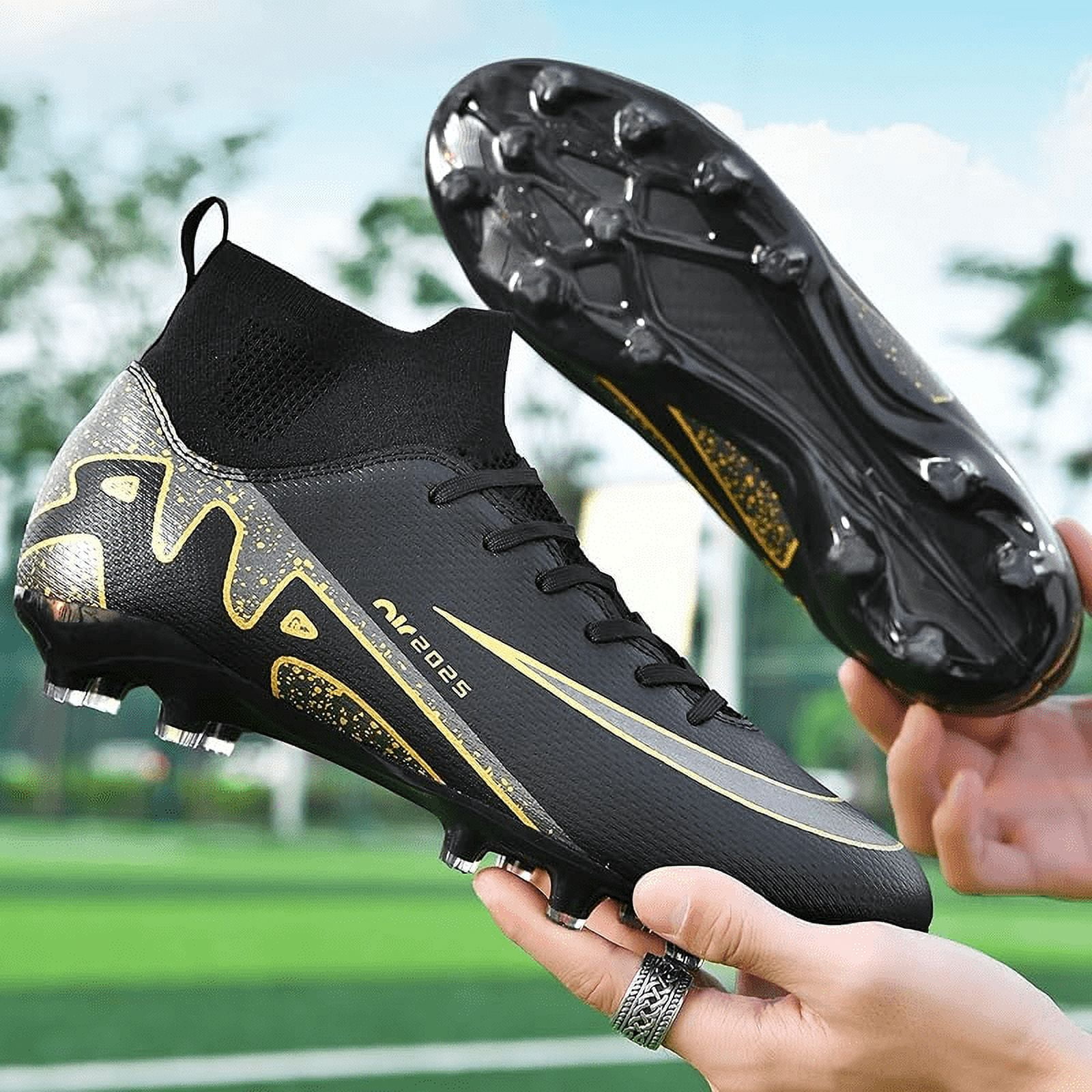 Mens high-top soccer cleats turf football shoes big lightweight youth professional indoor outdoor AG black