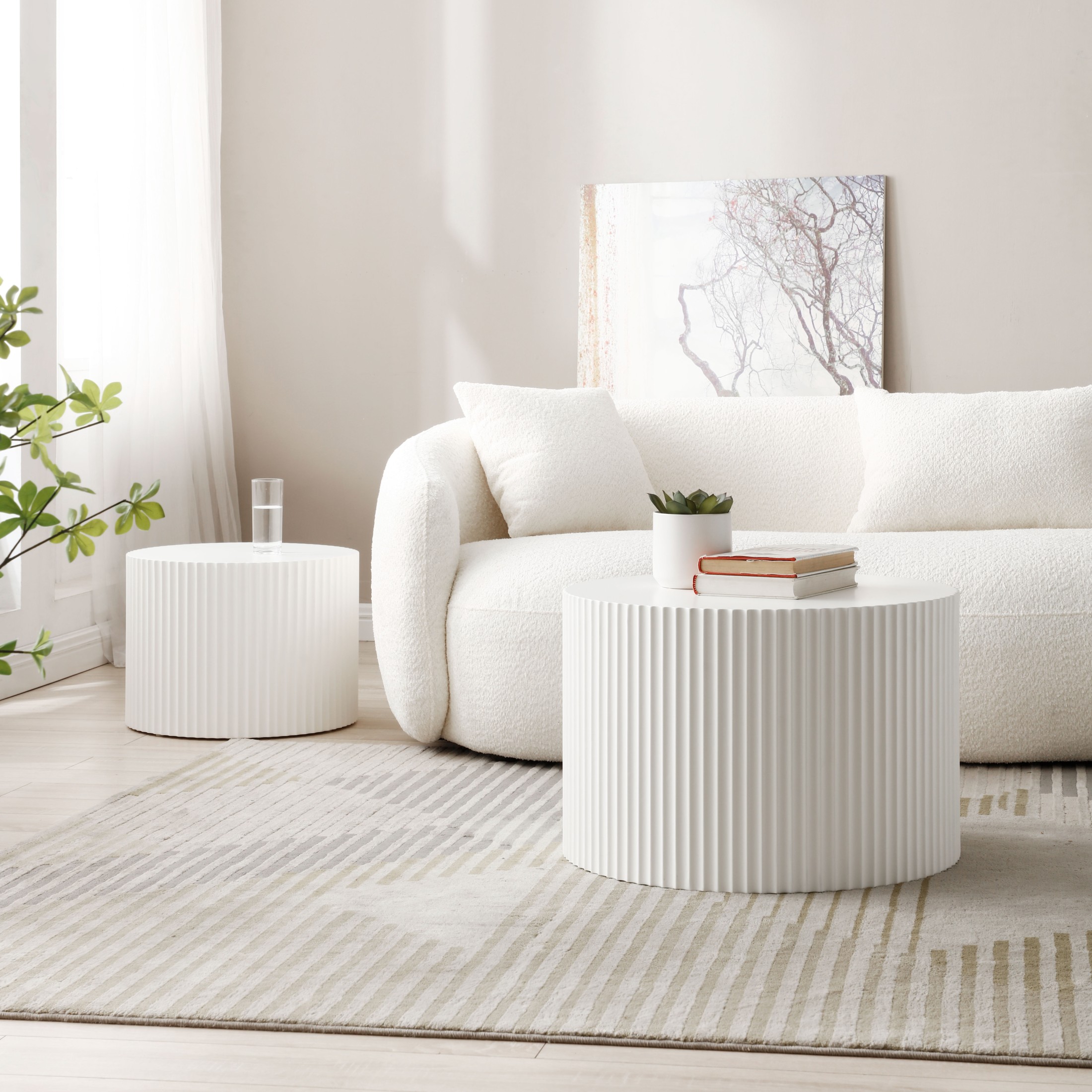 Noble House Nesting Round Coffee Tables, Modern MDF Handcrafted Relief for Living Room, White, Set of 2