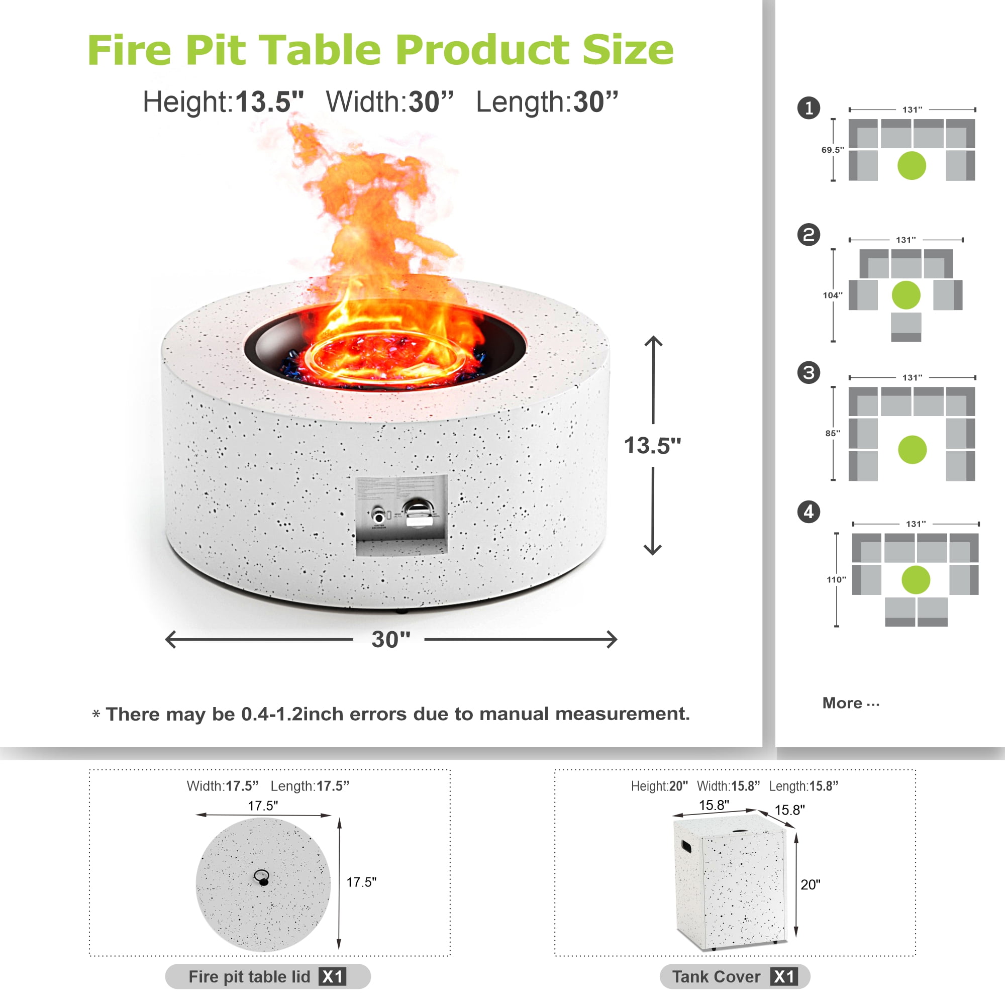 30" Inch Round Wood Grain Iron Fire Pit,50000 BTU with Lid,for Home and Camping (Spotted white)