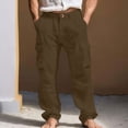 thumbnail image 2 of Xcmzpl Men's Cotton Linen Pants with Pockets Elastic Waist Solid Cargo Pants Lightweight Summer Tousers Baggy Casual Long Pants, 2 of 10