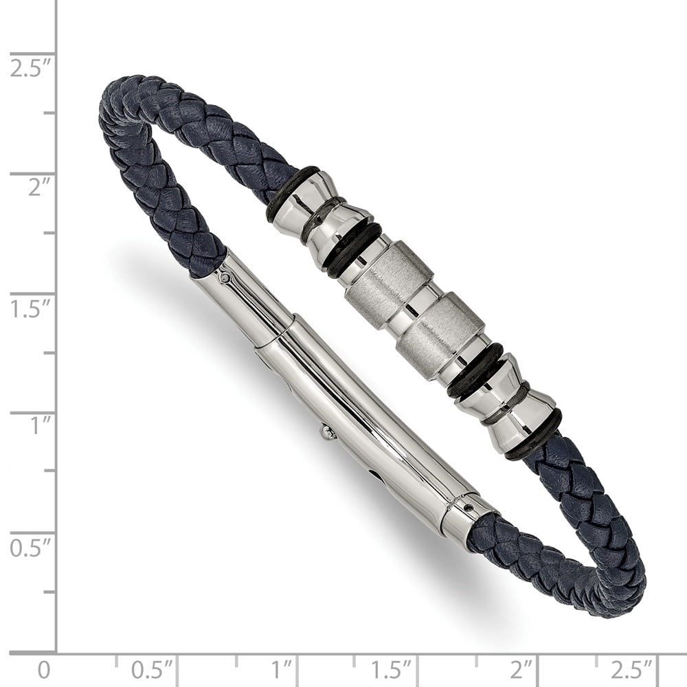 Diamond2Deal Stainless Steel Black IP-Plated with Rubber Blue Braided Leather Adjustable Bracelet for Men 8.5"