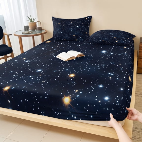 Queen Size Fitted Sheet Set - Blue Starry Sky 3 Piece Bedding Sets 16" Deep Pocket Fitted Sheet with 2 Pillowcases, Universe Space Galaxy Night Star Brushed Microfiber Hotel Luxury Bed Sheets