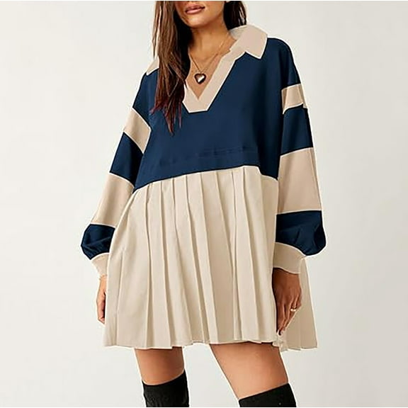 DailyTrove Women's Two-Tone V-Neck Mini Dress, Long Sleeve, Casual Weekend & Date Night Wear, Soft Cotton Blend, Oversized Fit