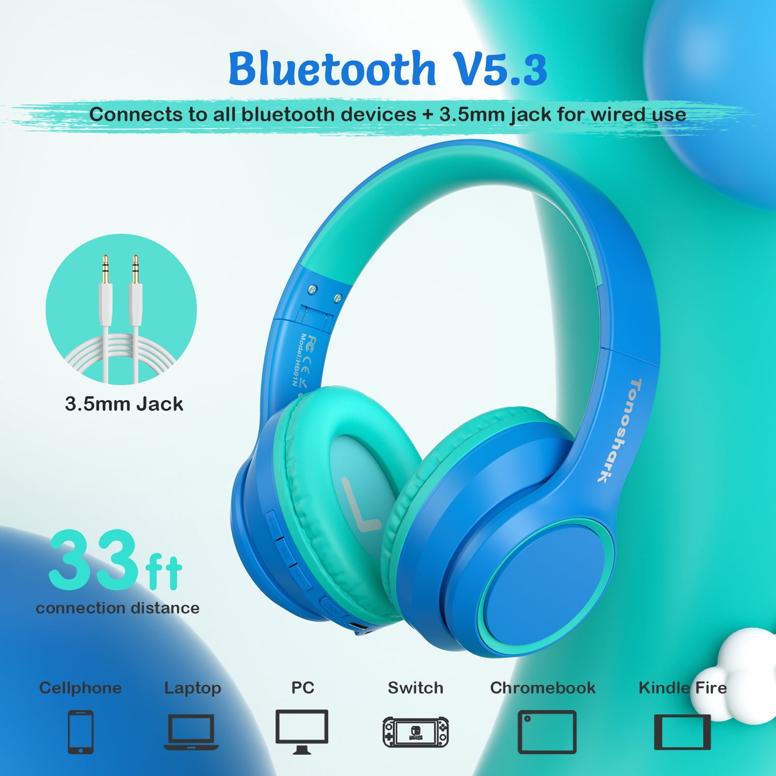 Tonoshark Active Noise Cancelling Headphones for Kids, 60H Playtime, Wireless Bluetooth Over-Ear Blue Headset Built-in Microphone for Home/School/Travel/Party - Includes Portable Case