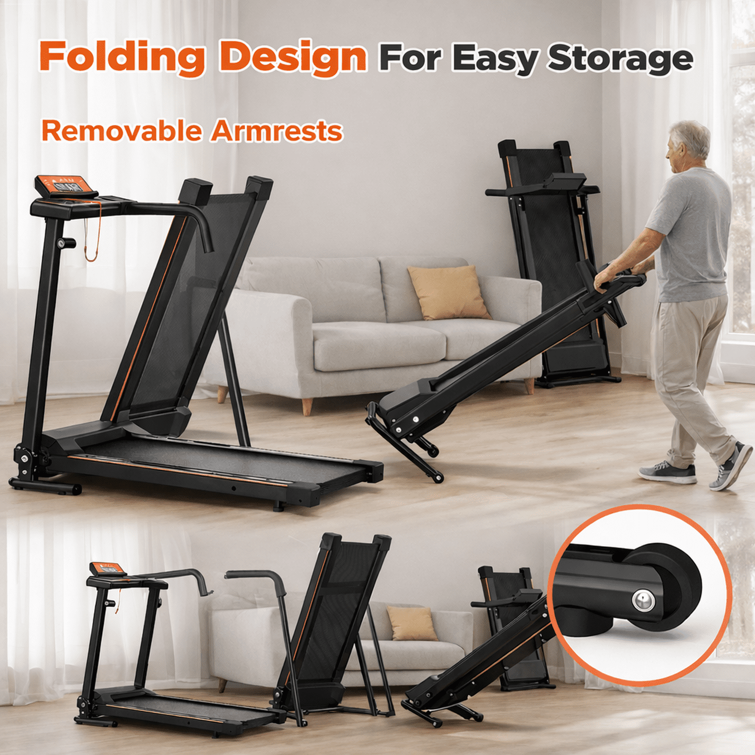 Noaman Walking Treadmill for Seniors & Recovery with Extended Safety Handrails, 300 lbs Capacity, 2.5HP Foldable Portable Treadmill for Home, Smart APP Control & Joint Protection Shock Absorption