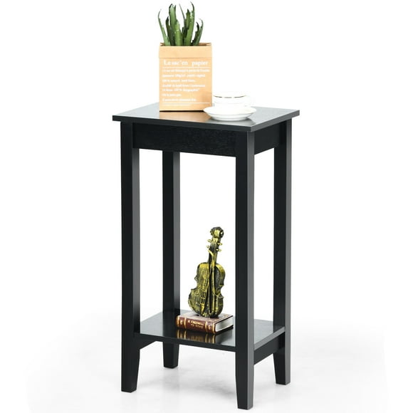 Costway Mesita auxiliar, mesilla con 2 niveles y 4 patas de sólida madera, mesa baja rectangular estrecha y compacta para salón y dormitorio, blanco/negro
